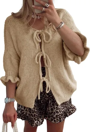 Saodimallsu Womens Tie Front Bow Cardigan Sweaters Lightweight Knit Ruffle Half Sleeve 2025 Trendy Jacket