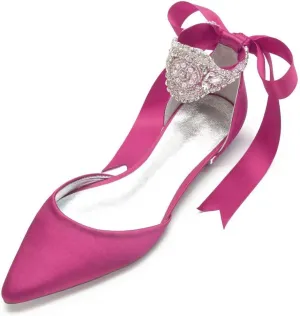 Satin Crystals Wedding Flats for Bride Pointed Toe Ribbon Tie Party Dress Shoes Flats Women 5047-69