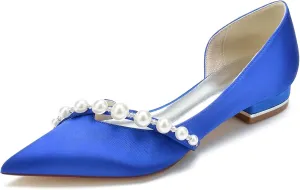 Satin Pearls Wedding Shoes for Bride Flats Pointed Toe Women Formal Prom Party Dress Flats Sandals