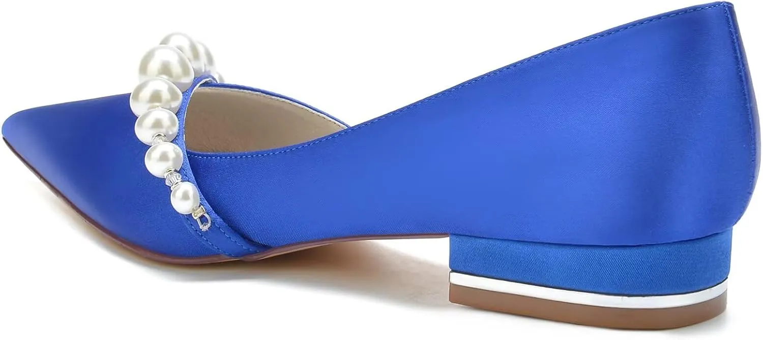 Satin Pearls Wedding Shoes for Bride Flats Pointed Toe Women Formal Prom Party Dress Flats Sandals