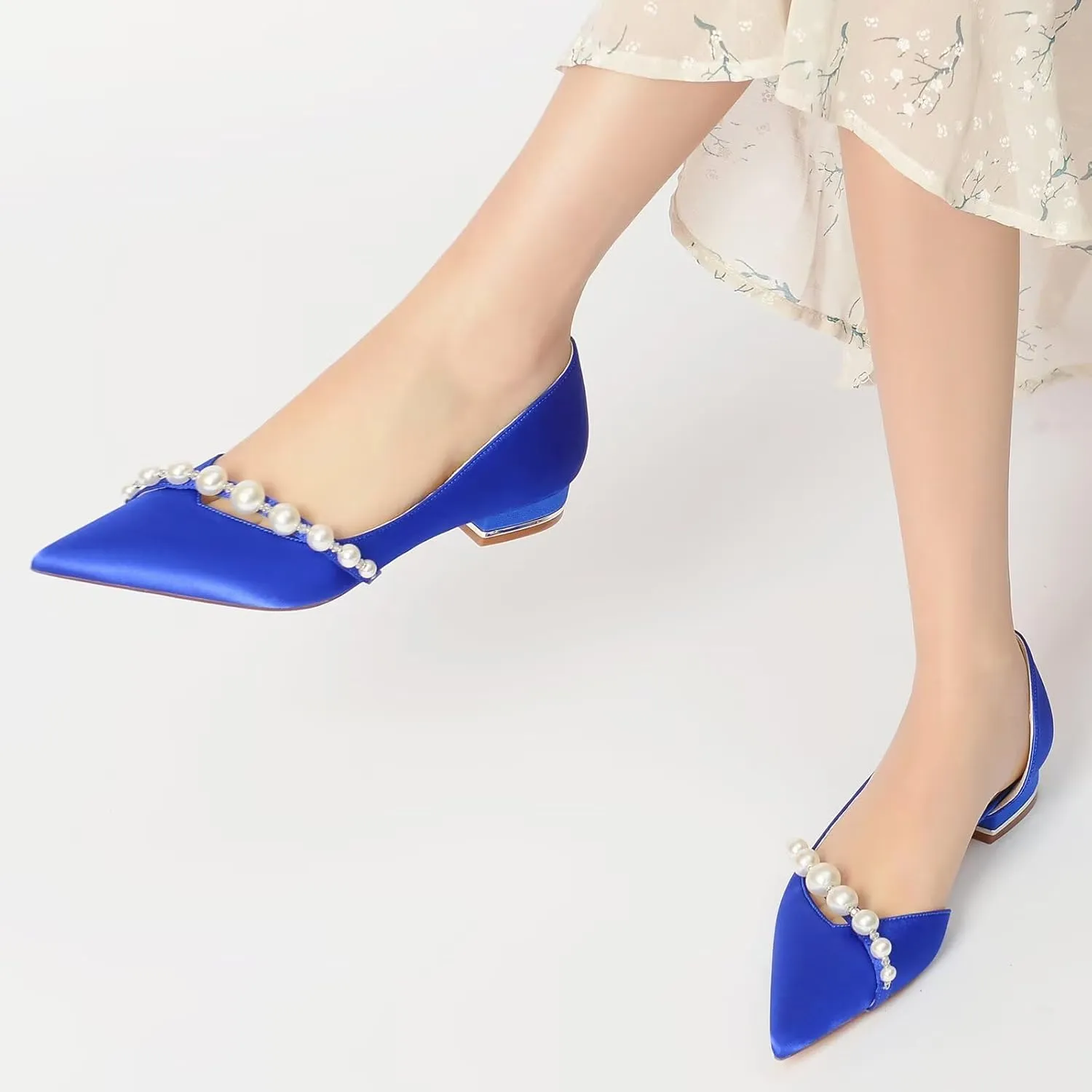 Satin Pearls Wedding Shoes for Bride Flats Pointed Toe Women Formal Prom Party Dress Flats Sandals