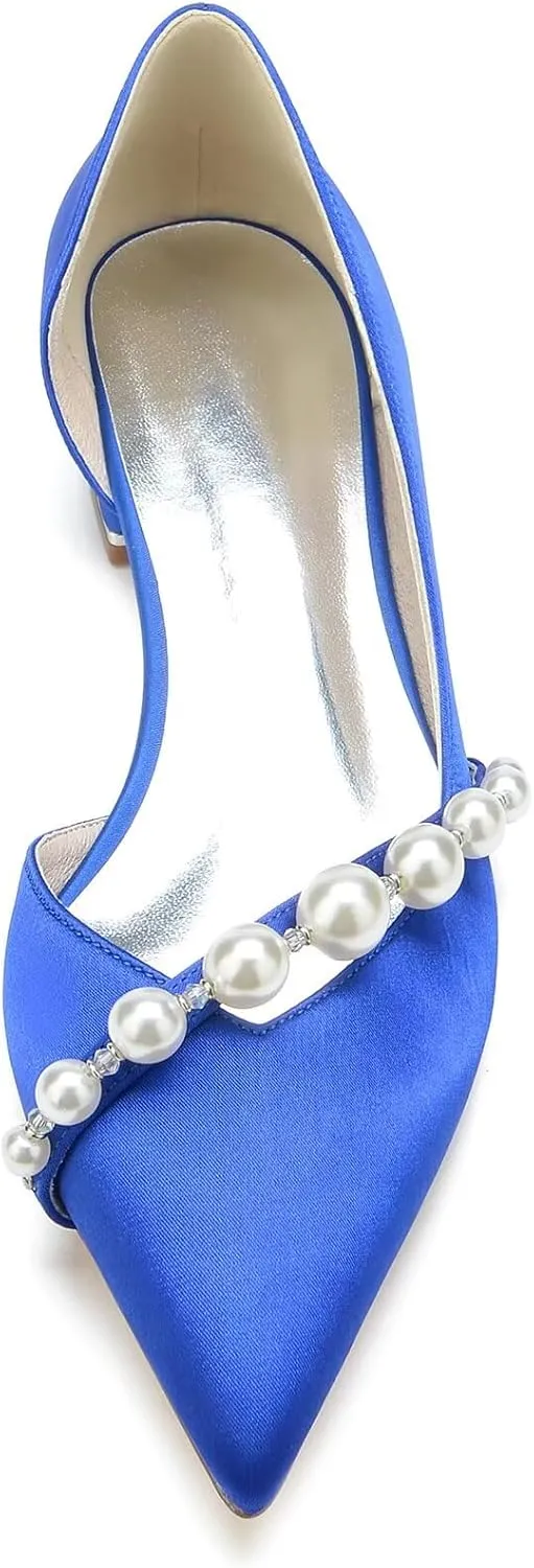 Satin Pearls Wedding Shoes for Bride Flats Pointed Toe Women Formal Prom Party Dress Flats Sandals