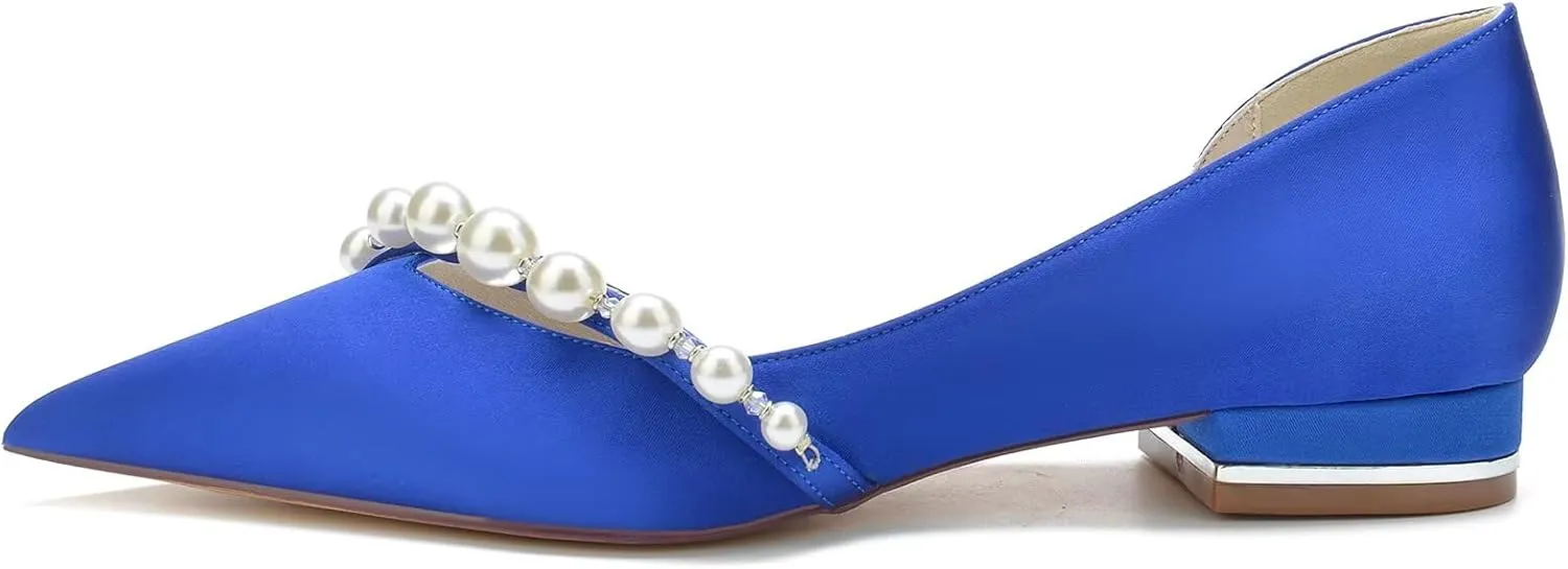 Satin Pearls Wedding Shoes for Bride Flats Pointed Toe Women Formal Prom Party Dress Flats Sandals