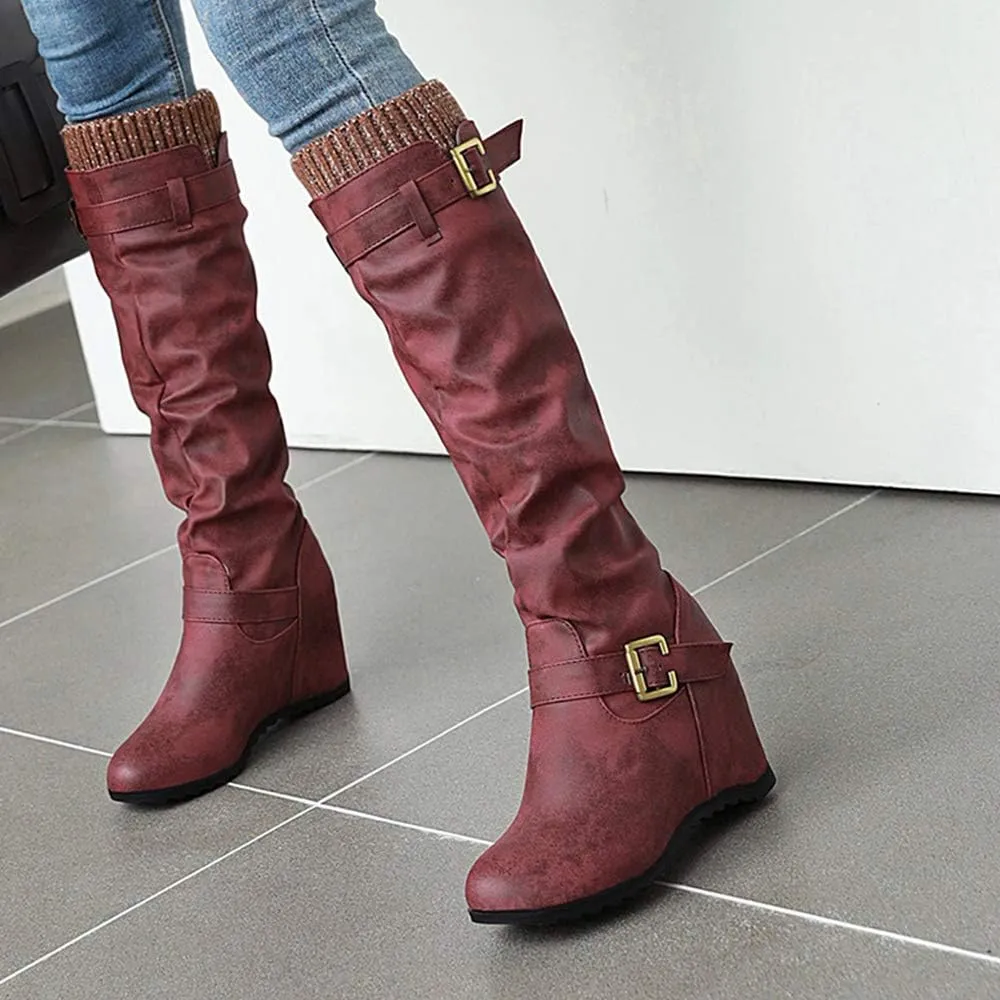 Scaoruki Women Winter Shoes Wedge Heels Slouch Boots