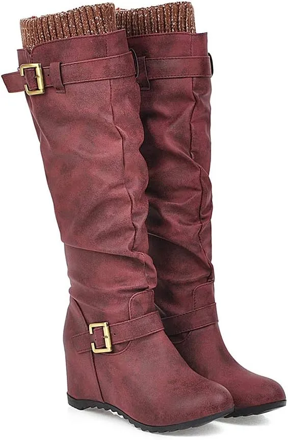 Scaoruki Women Winter Shoes Wedge Heels Slouch Boots