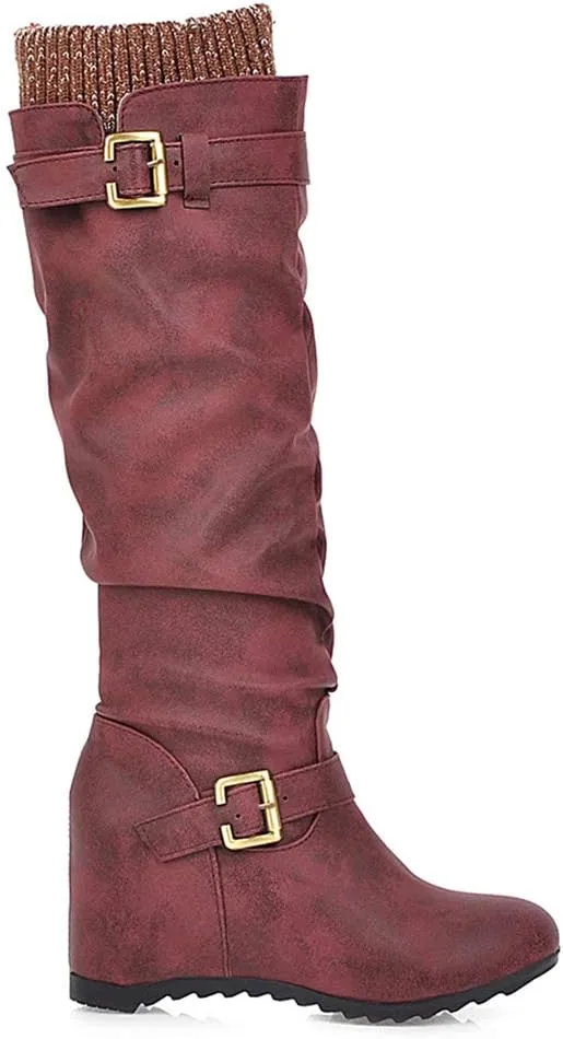 Scaoruki Women Winter Shoes Wedge Heels Slouch Boots