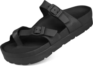 seticeo Women's Platform Flip Flops Sandals with Arch Support, Adjustable Double Buckle Slip on Slides, Summer Lightweight Beach Eva Cushion Flat Sandals