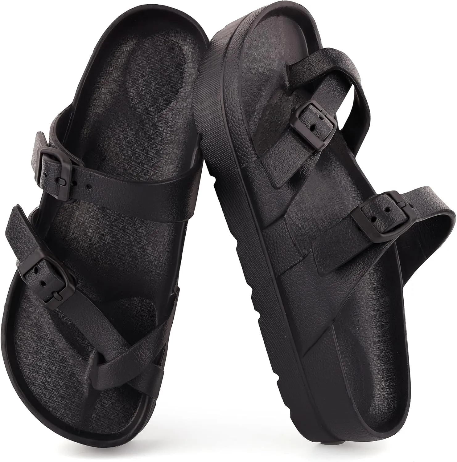 seticeo Women's Platform Flip Flops Sandals with Arch Support, Adjustable Double Buckle Slip on Slides, Summer Lightweight Beach Eva Cushion Flat Sandals