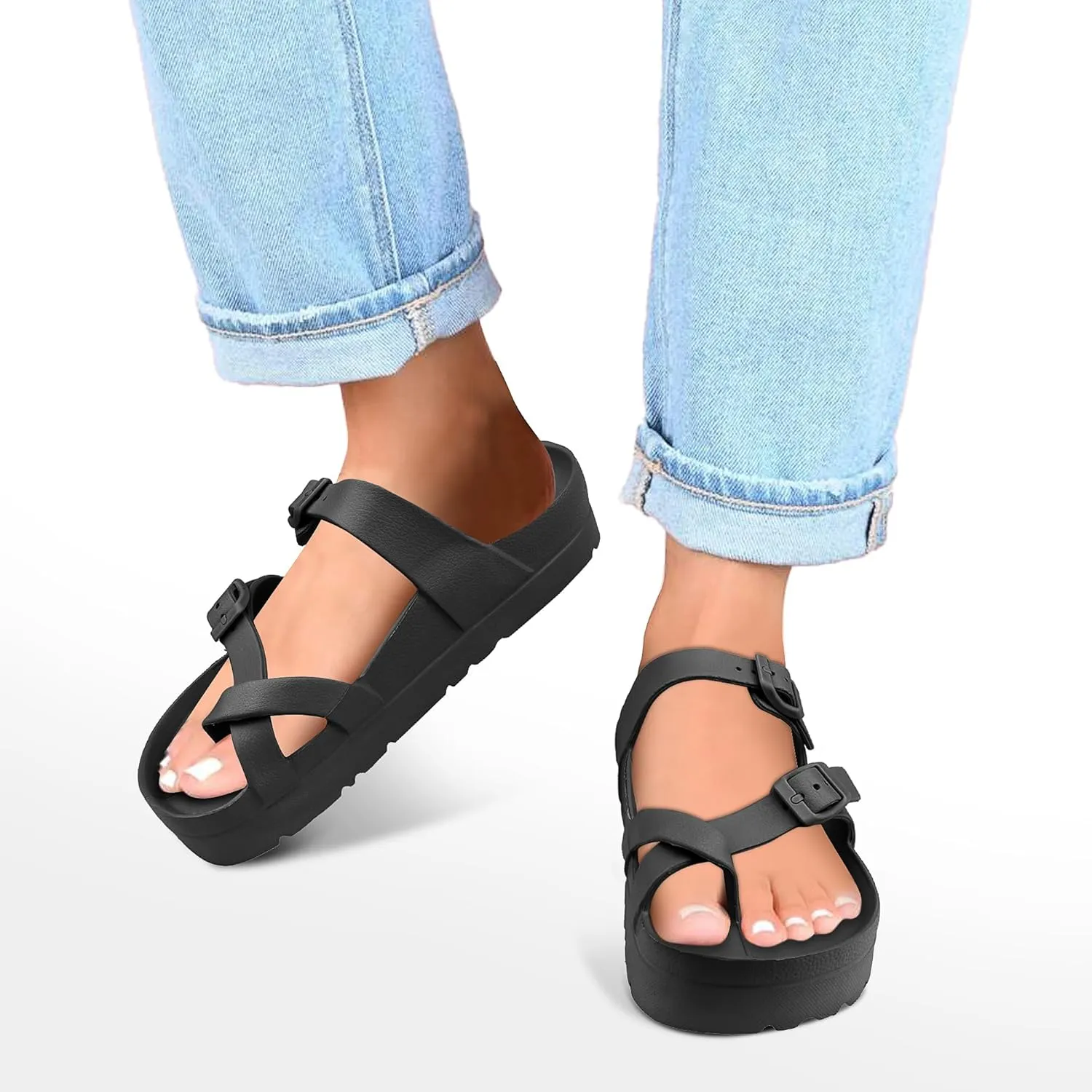 seticeo Women's Platform Flip Flops Sandals with Arch Support, Adjustable Double Buckle Slip on Slides, Summer Lightweight Beach Eva Cushion Flat Sandals