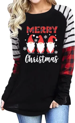 SFHFY Merry Christmas Shirts for Women Gnomes T-Shirt Lights Plaid Splicing Raglan Long Sleeve Tee Xmas Holiday Pullover Top
