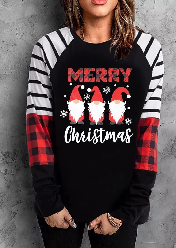 SFHFY Merry Christmas Shirts for Women Gnomes T-Shirt Lights Plaid Splicing Raglan Long Sleeve Tee Xmas Holiday Pullover Top