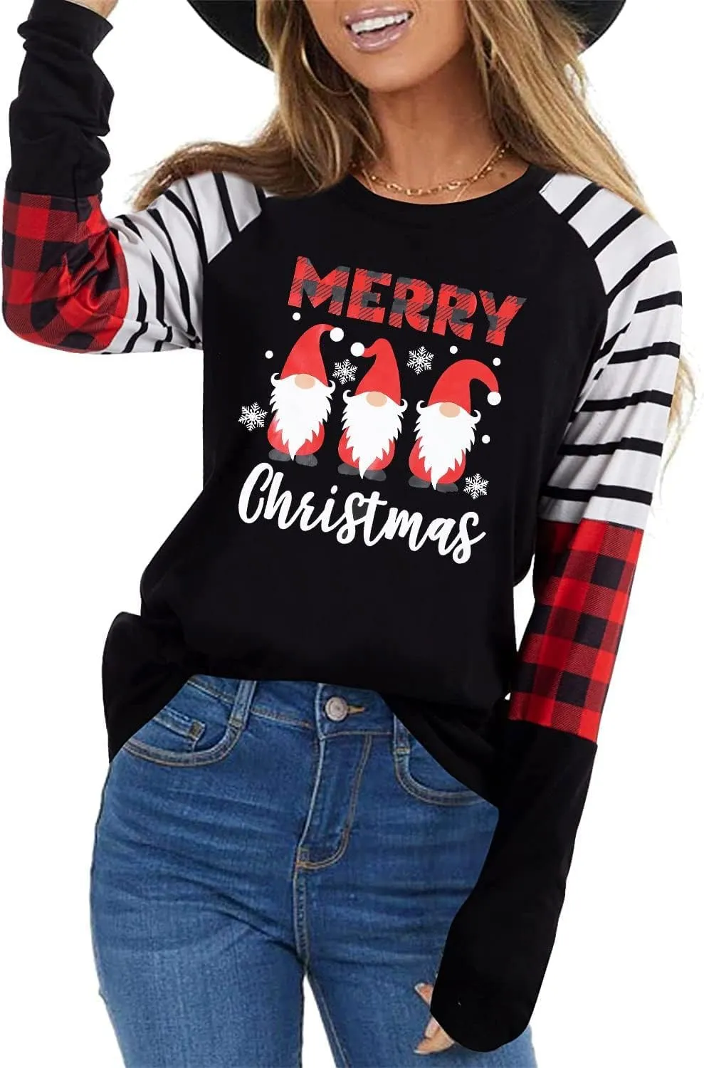 SFHFY Merry Christmas Shirts for Women Gnomes T-Shirt Lights Plaid Splicing Raglan Long Sleeve Tee Xmas Holiday Pullover Top