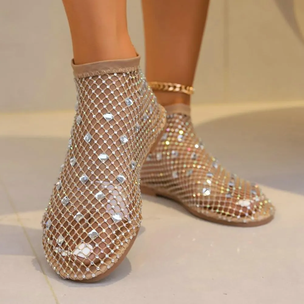 Shiny Gem Mesh Flats for Women Low Heel Slip Ballet Flats Sandals Women Dressy Summer Flat Shoes Slip On Sandals
