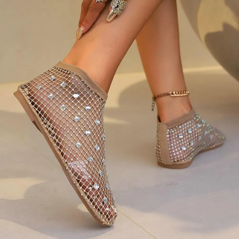 Shiny Gem Mesh Flats for Women Low Heel Slip Ballet Flats Sandals Women Dressy Summer Flat Shoes Slip On Sandals
