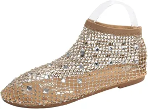 Shiny Gem Mesh Flats for Women Low Heel Slip Ballet Flats Sandals Women Dressy Summer Flat Shoes Slip On Sandals