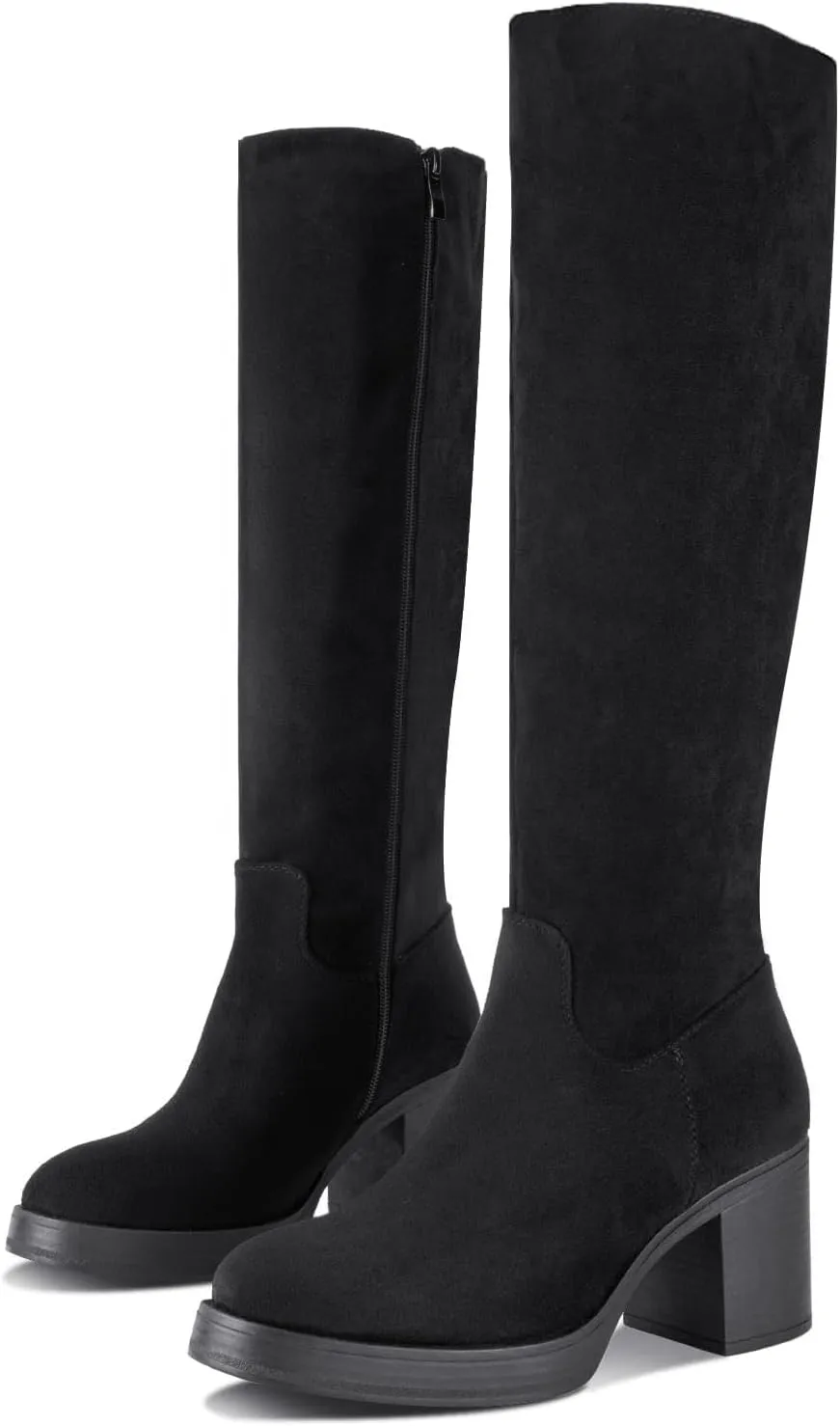 Shoe'N Tale Platform Knee High Boots for Women Block Chunky Heel Round Toe Side Zipper Tall Boots