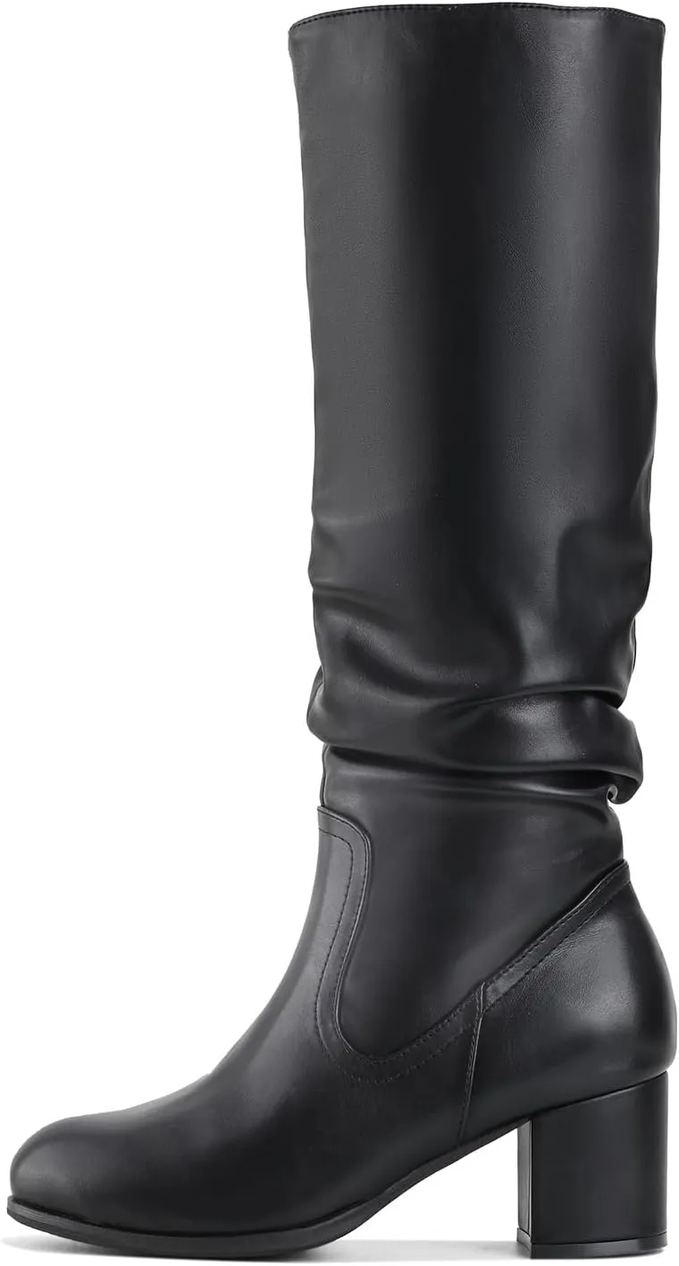 Shoe'N Tale Women's Knee High Boots Chunky Heel Pointed Toe Suede Slouch Winter Shoes with Side Zipper