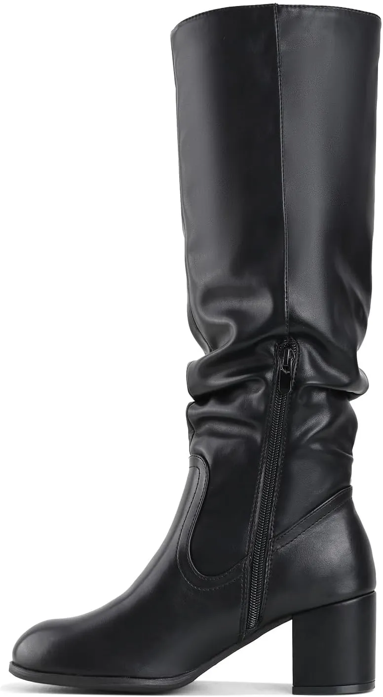 Shoe'N Tale Women's Knee High Boots Chunky Heel Pointed Toe Suede Slouch Winter Shoes with Side Zipper