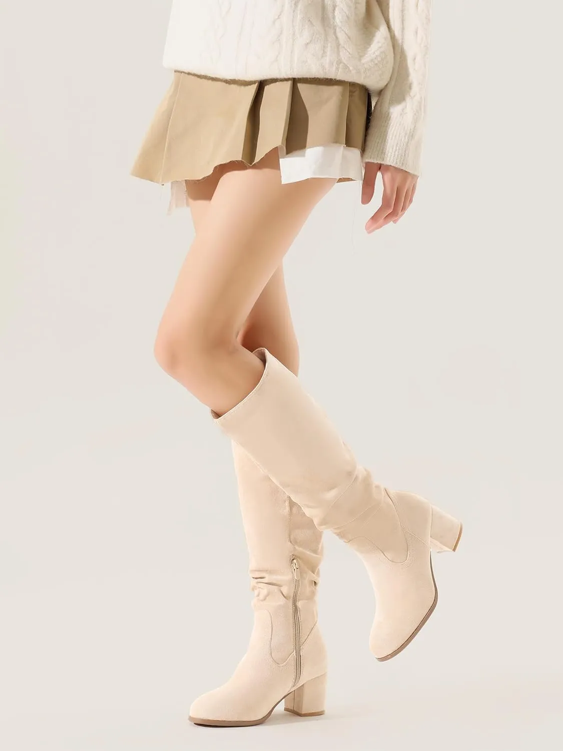 Shoe'N Tale Women's Knee High Boots Chunky Heel Pointed Toe Suede Slouch Winter Shoes with Side Zipper