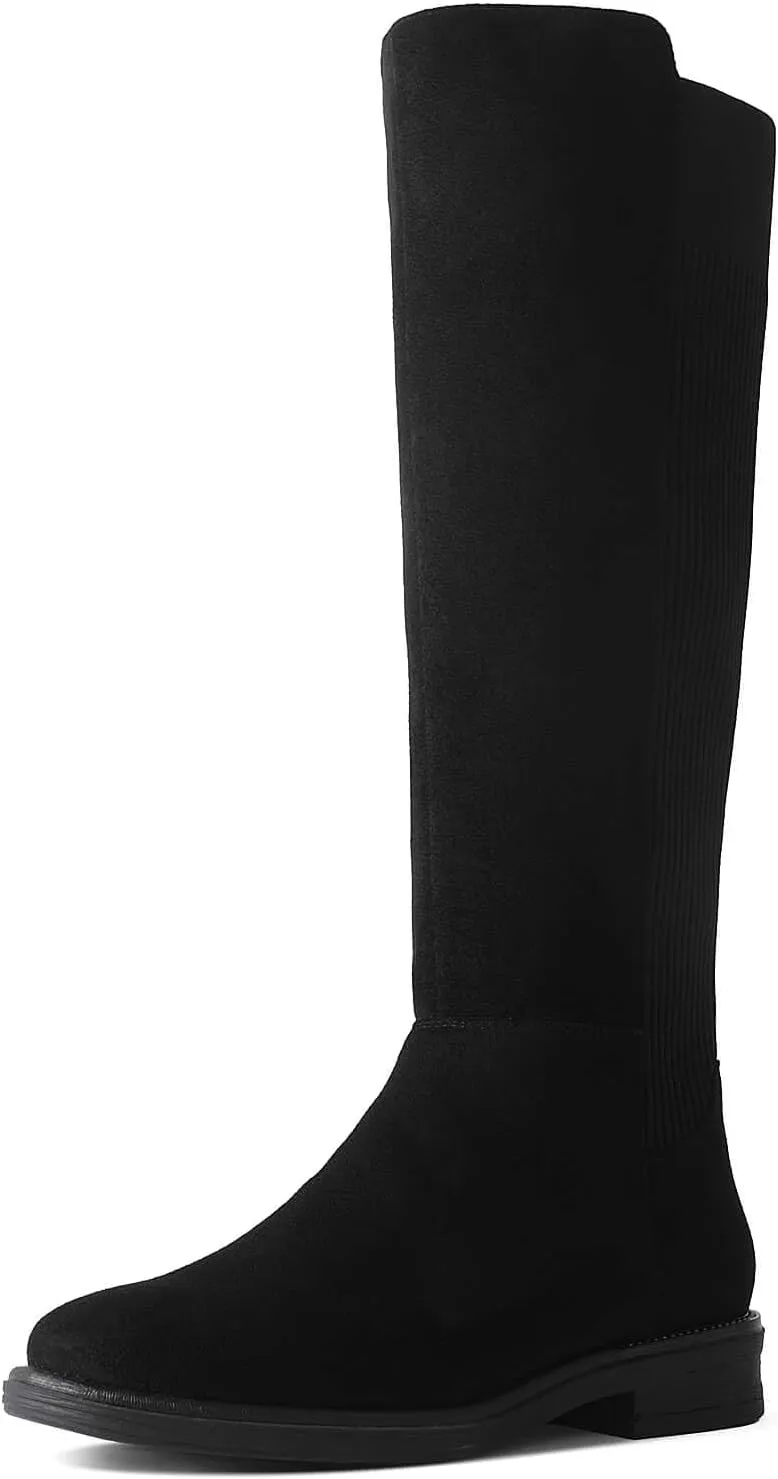 Shoe'N Tale Women's Knee High Boots Flat Low Heel Stretchy Round Toe with Side Zipper
