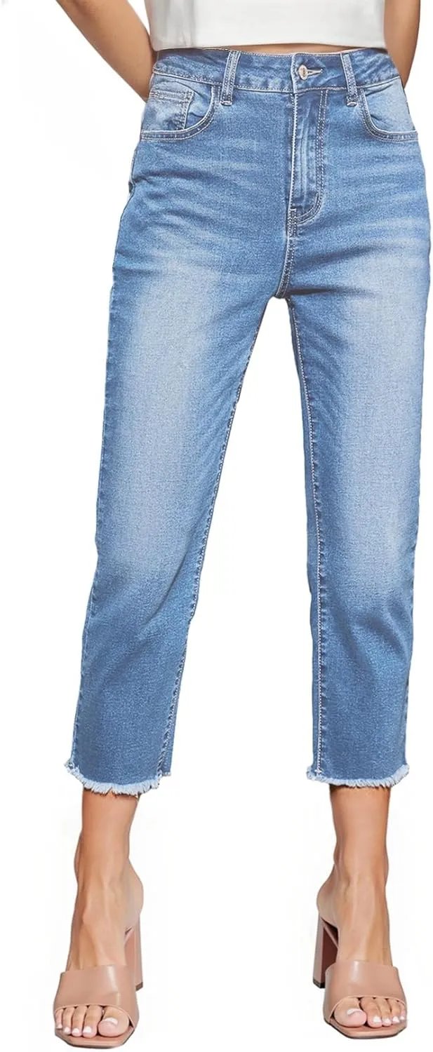 Sidefeel Women's Capri Jeans High Waisted 2025 Spring Fashion Straight Leg Raw Hem Denim Capri Pants