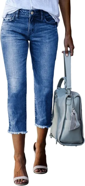 Sidefeel Women's Capri Jeans High Waisted 2025 Spring Fashion Straight Leg Raw Hem Denim Capri Pants