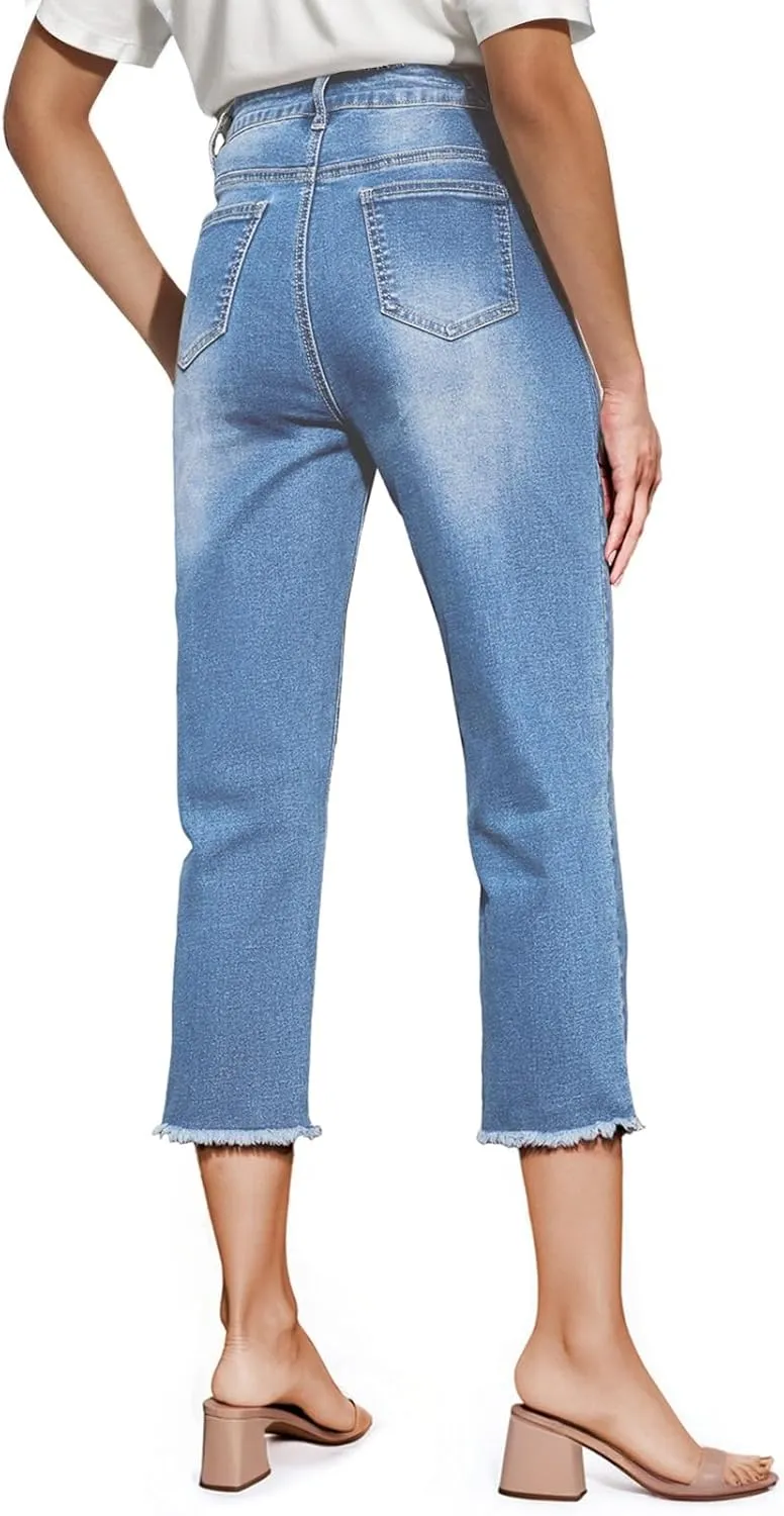 Sidefeel Women's Capri Jeans High Waisted 2025 Spring Fashion Straight Leg Raw Hem Denim Capri Pants