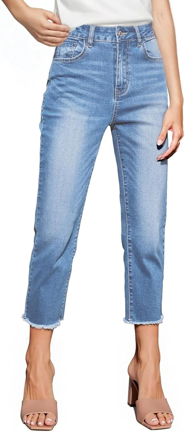 Sidefeel Women's Capri Jeans High Waisted 2025 Spring Fashion Straight Leg Raw Hem Denim Capri Pants