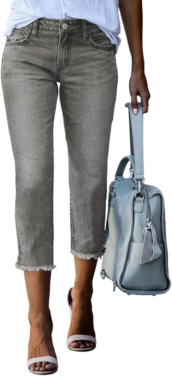 Sidefeel Women's Capri Jeans High Waisted 2025 Spring Fashion Straight Leg Raw Hem Denim Capri Pants