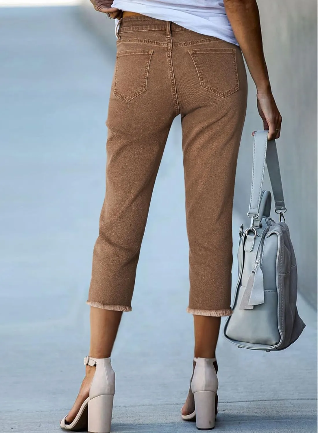 Sidefeel Women's Capri Jeans High Waisted 2025 Spring Fashion Straight Leg Raw Hem Denim Capri Pants
