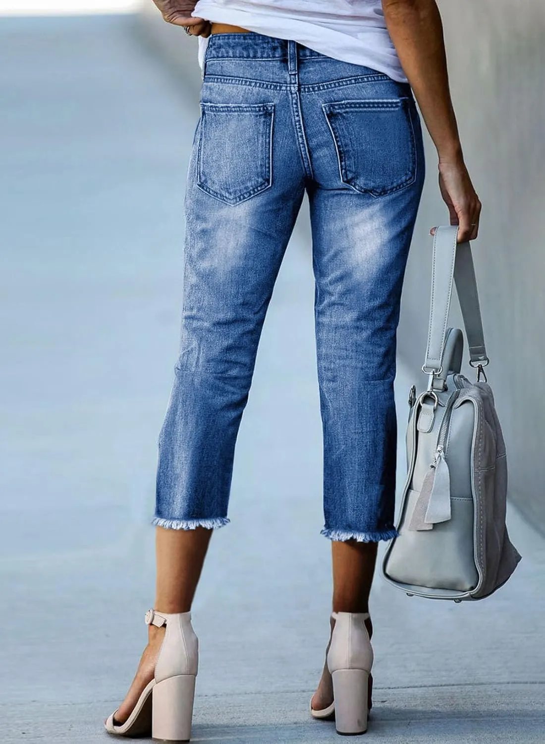 Sidefeel Women's Capri Jeans High Waisted 2025 Spring Fashion Straight Leg Raw Hem Denim Capri Pants