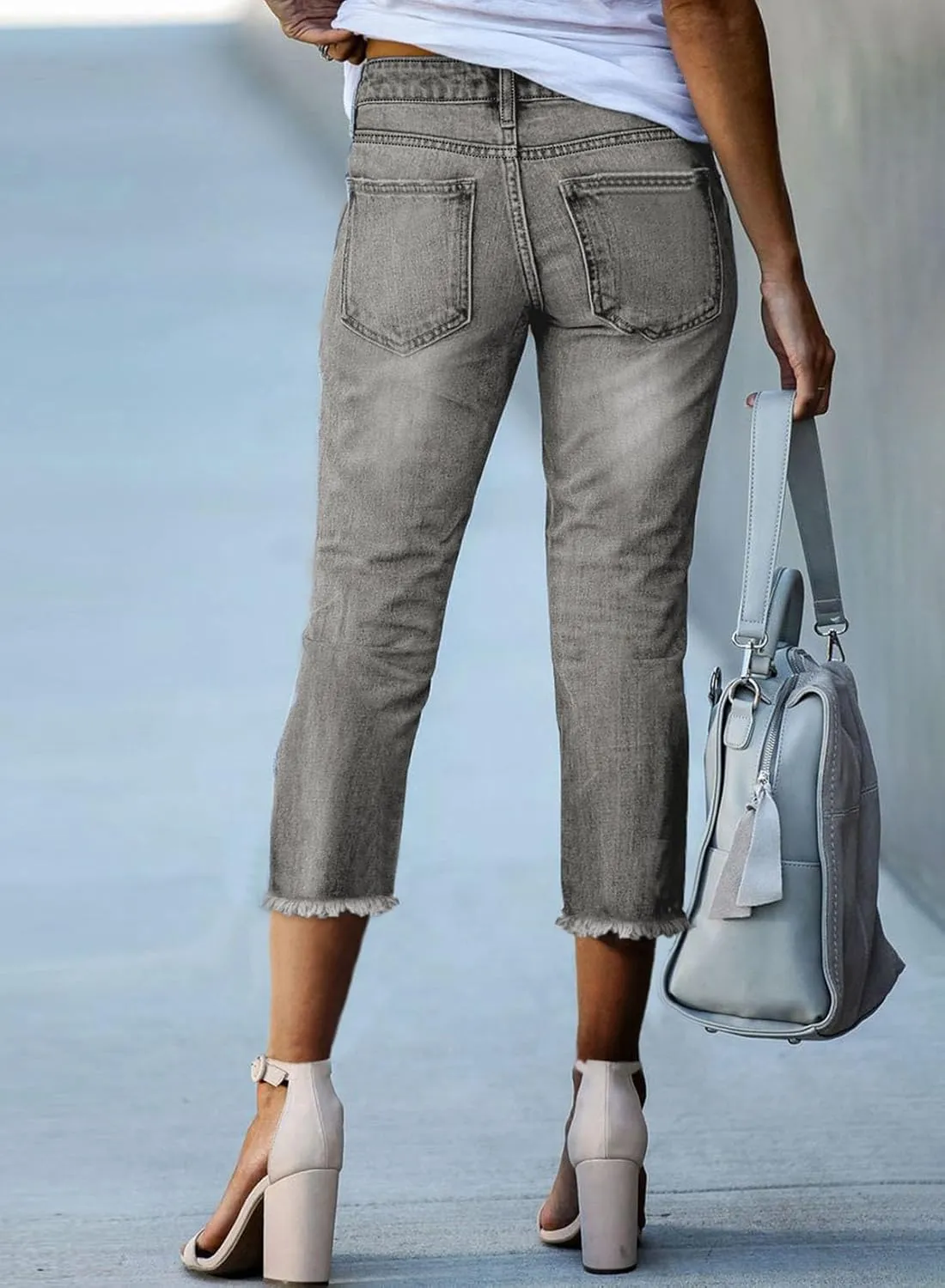 Sidefeel Women's Capri Jeans High Waisted 2025 Spring Fashion Straight Leg Raw Hem Denim Capri Pants