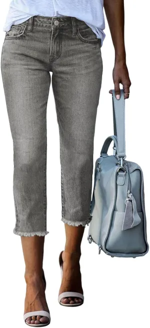 Sidefeel Women's Capri Jeans High Waisted 2025 Spring Fashion Straight Leg Raw Hem Denim Capri Pants