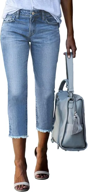 Sidefeel Women's Capri Jeans High Waisted 2025 Spring Fashion Straight Leg Raw Hem Denim Capri Pants