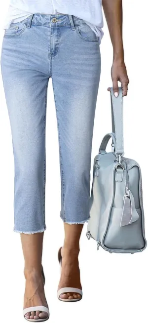 Sidefeel Women's Capri Jeans High Waisted 2025 Spring Fashion Straight Leg Raw Hem Denim Capri Pants