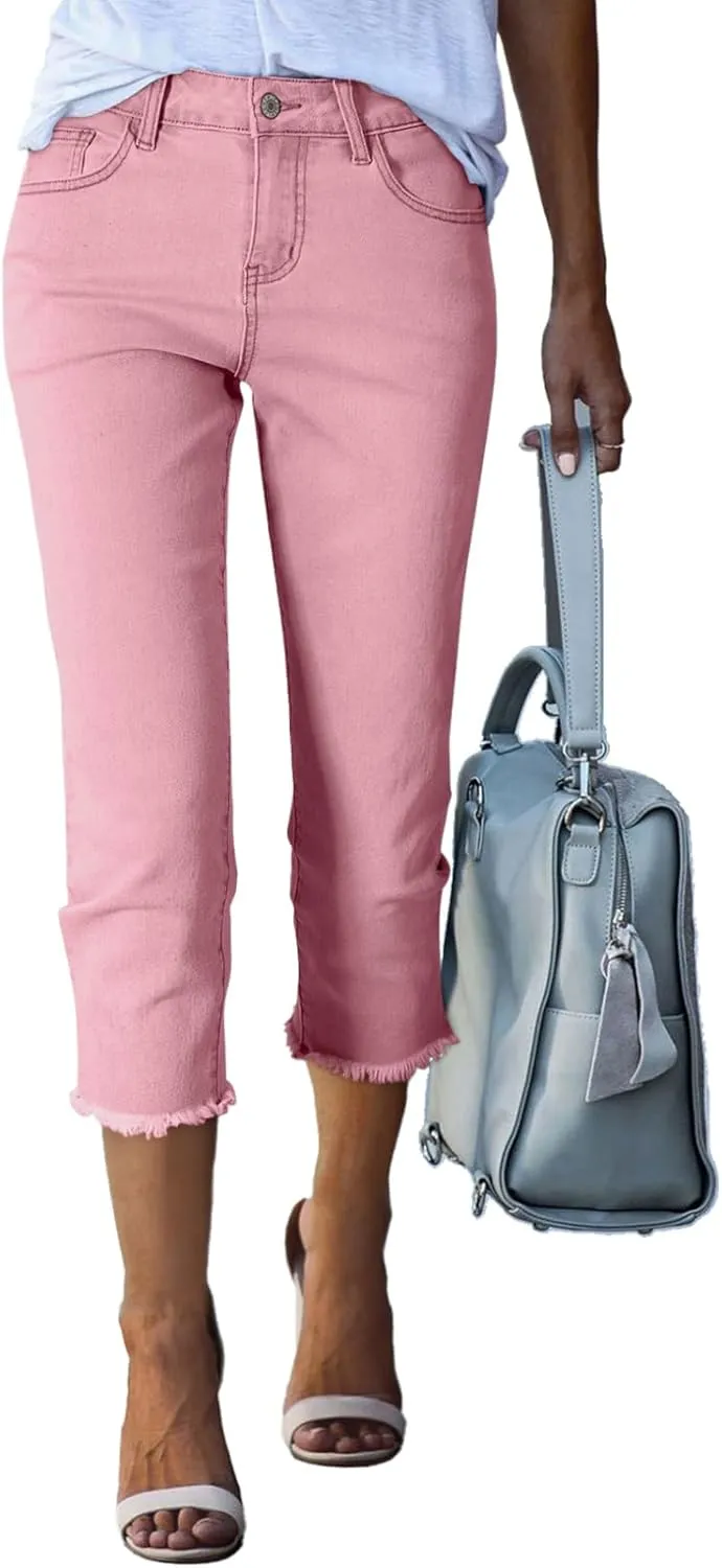 Sidefeel Women's Capri Jeans High Waisted 2025 Spring Fashion Straight Leg Raw Hem Denim Capri Pants