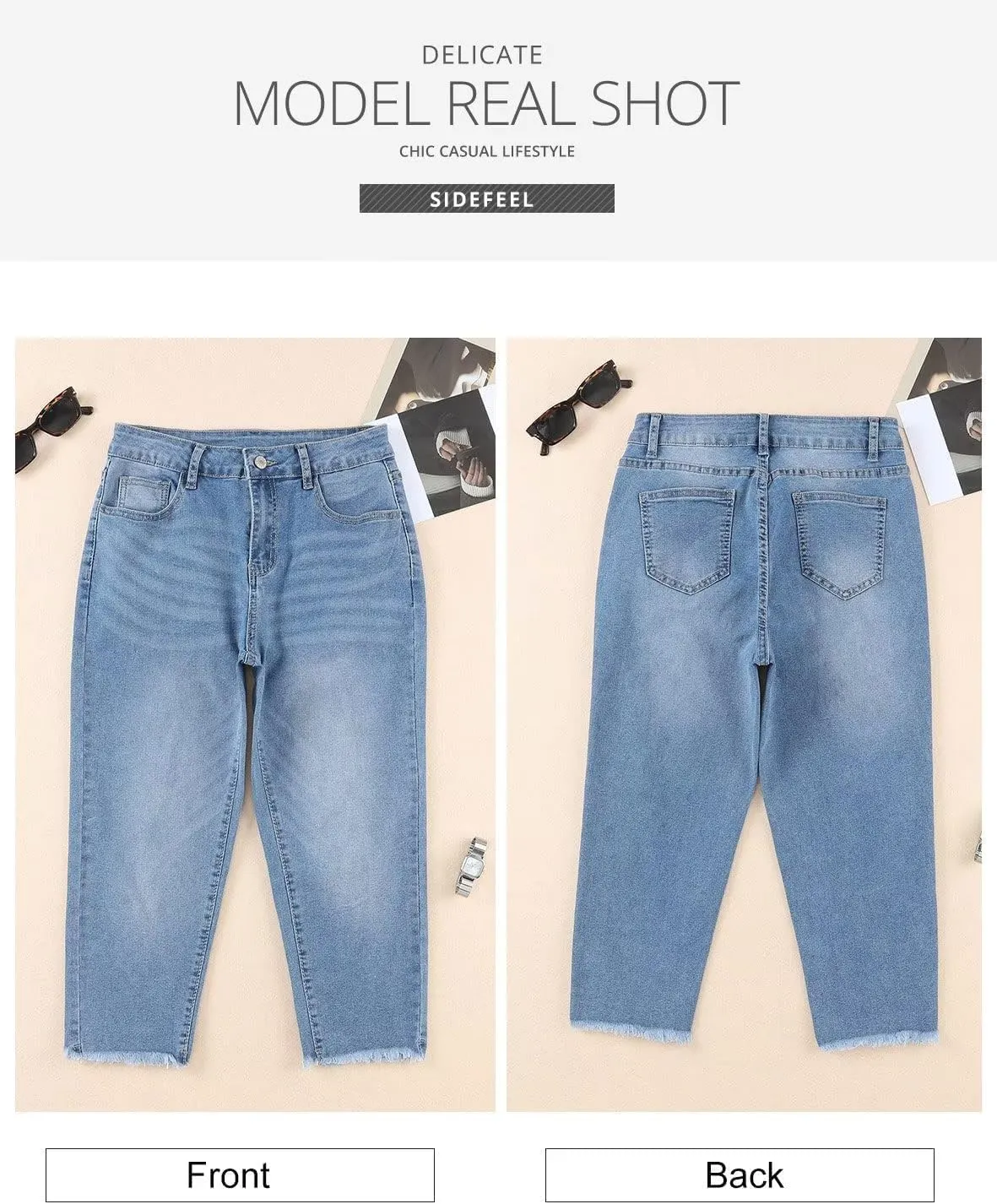 Sidefeel Women's Capri Jeans High Waisted 2025 Spring Fashion Straight Leg Raw Hem Denim Capri Pants