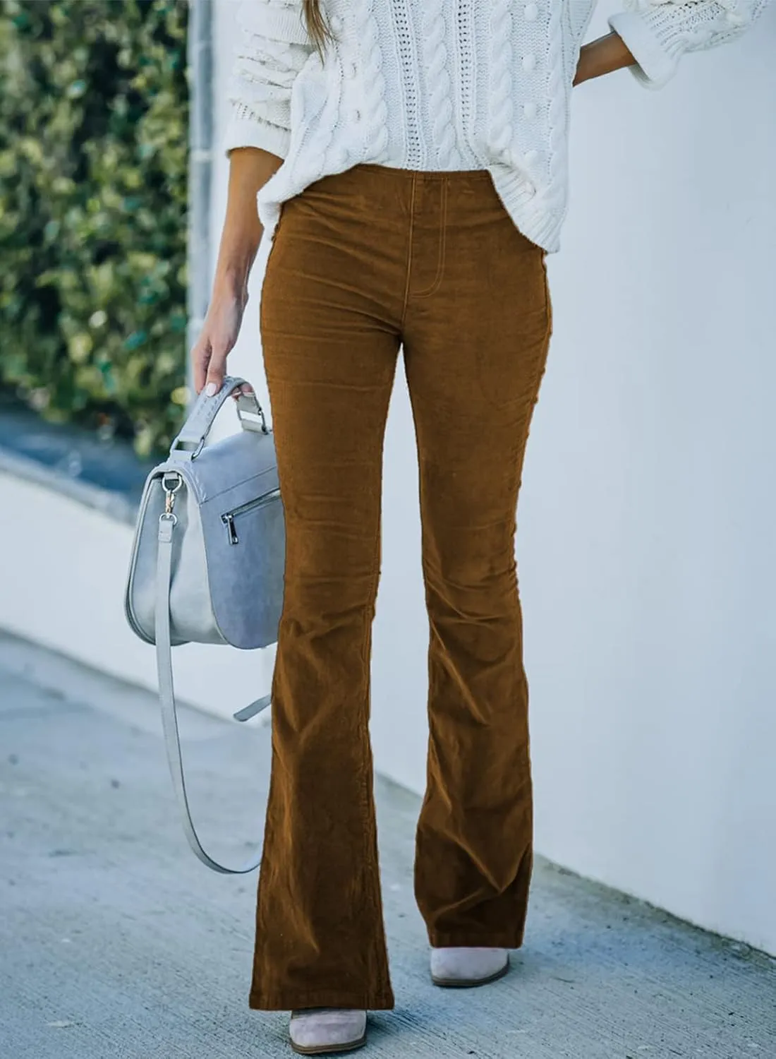 Sidefeel Women's Corduroy Flare Pants Elastic Waist Bell Bottom Trousers 2024 Women Fashions