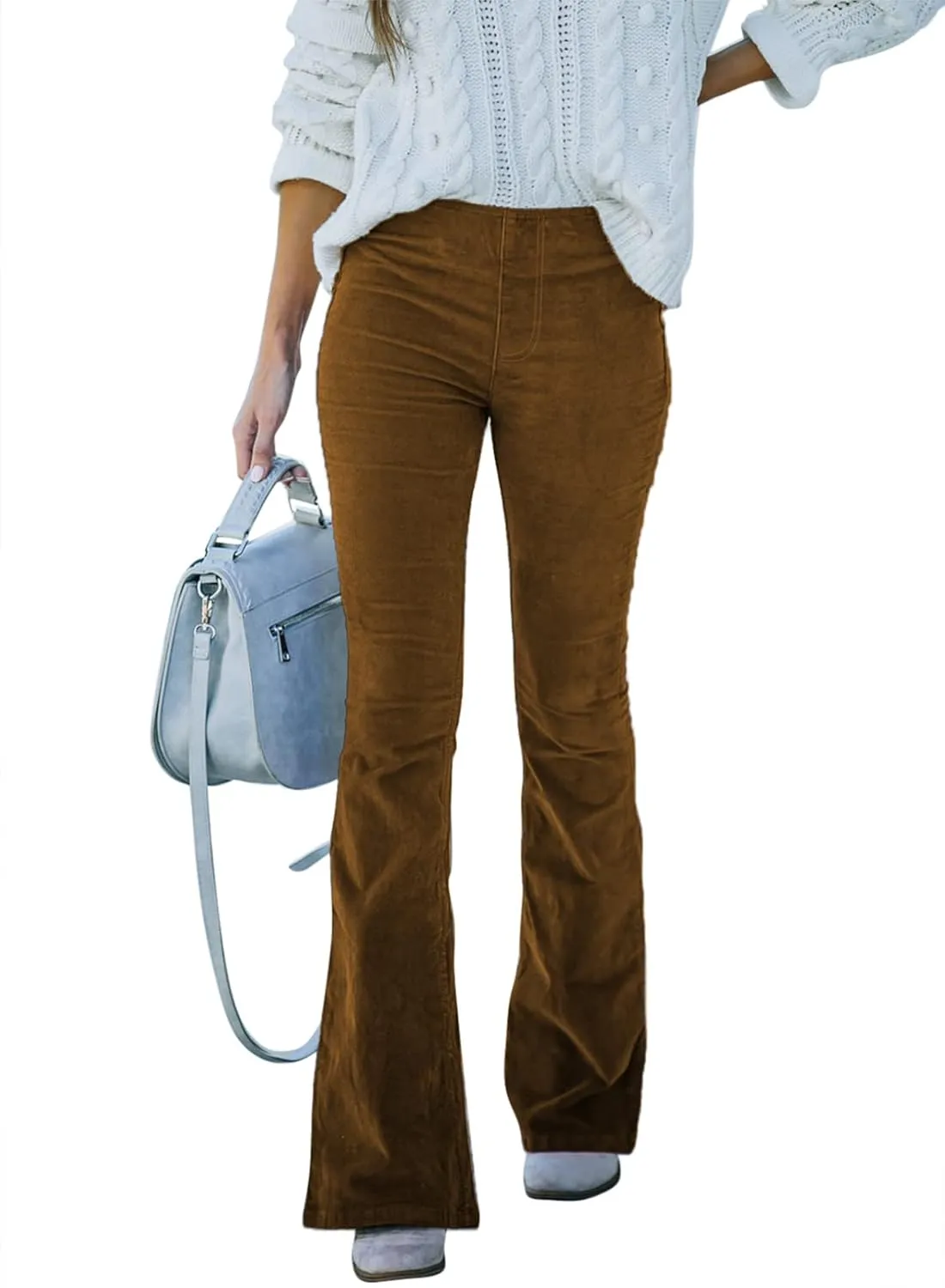 Sidefeel Women's Corduroy Flare Pants Elastic Waist Bell Bottom Trousers 2024 Women Fashions