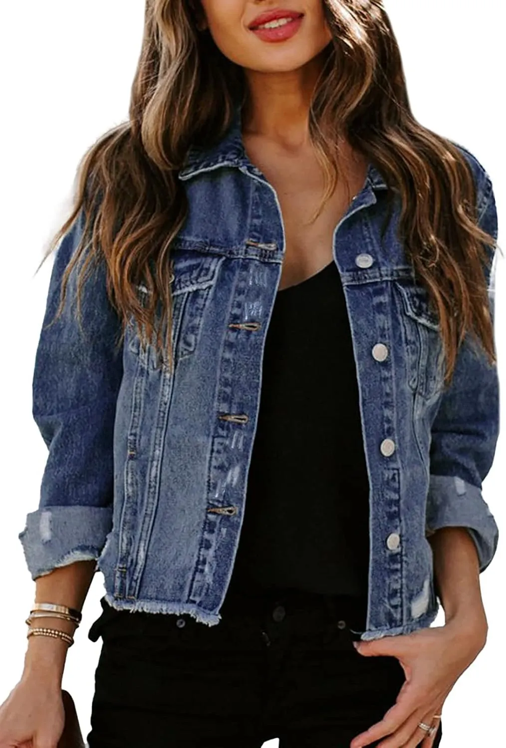 Sidefeel Women's Denim Jacket Long Sleeve Button Distressed Ripped Zimbaplatinum Jean Coat