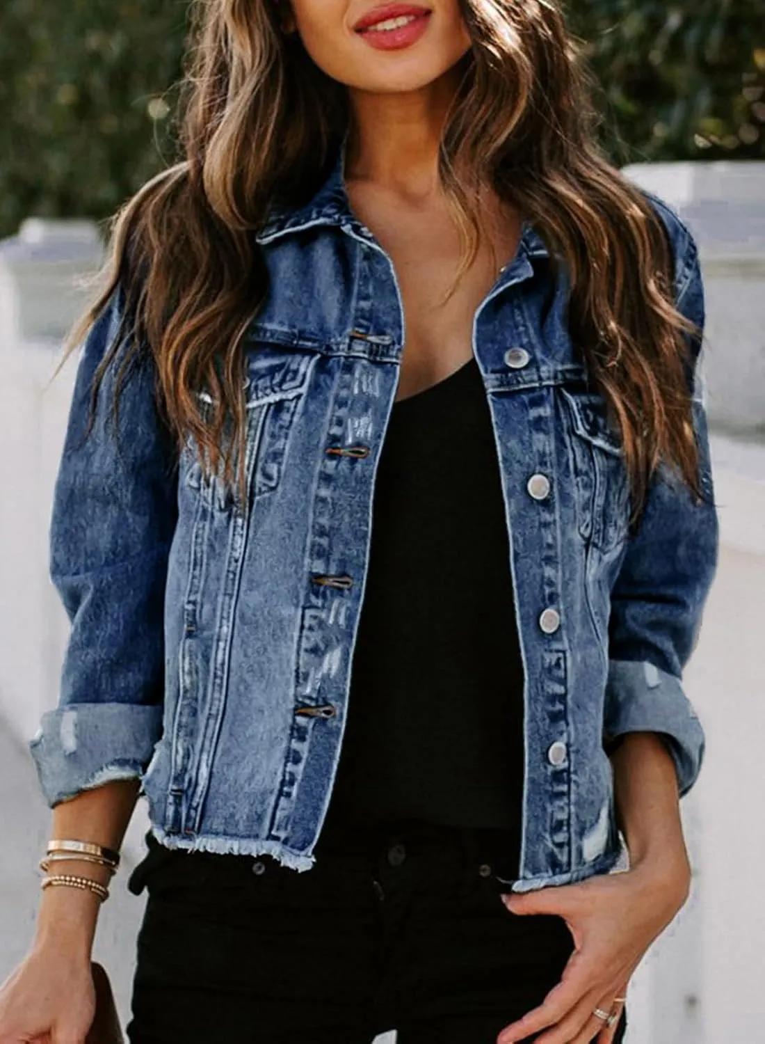 Sidefeel Women's Denim Jacket Long Sleeve Button Distressed Ripped Zimbaplatinum Jean Coat