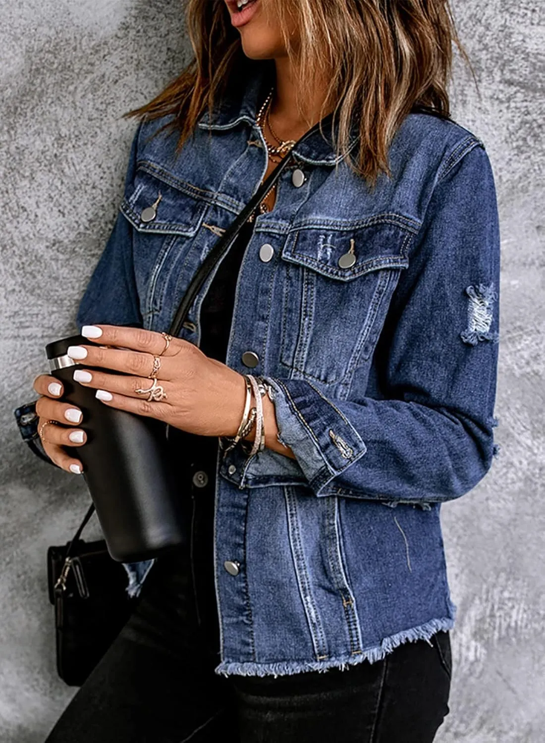 Sidefeel Women's Denim Jacket Long Sleeve Button Distressed Ripped Zimbaplatinum Jean Coat