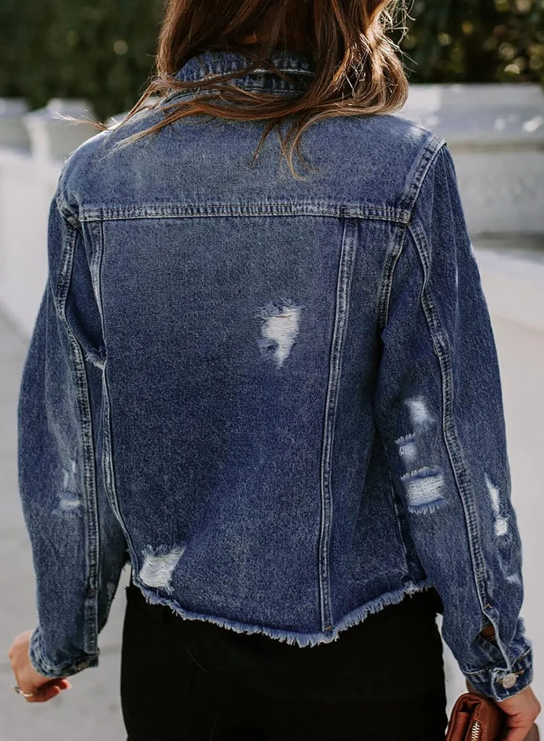 Sidefeel Women's Denim Jacket Long Sleeve Button Distressed Ripped Zimbaplatinum Jean Coat