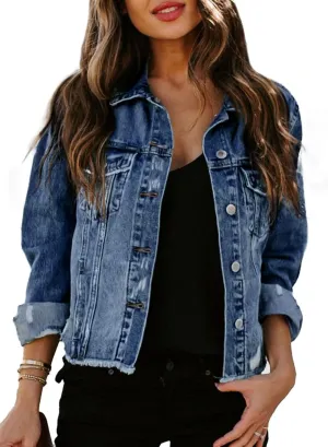 Sidefeel Women's Denim Jacket Long Sleeve Button Distressed Ripped Zimbaplatinum Jean Coat