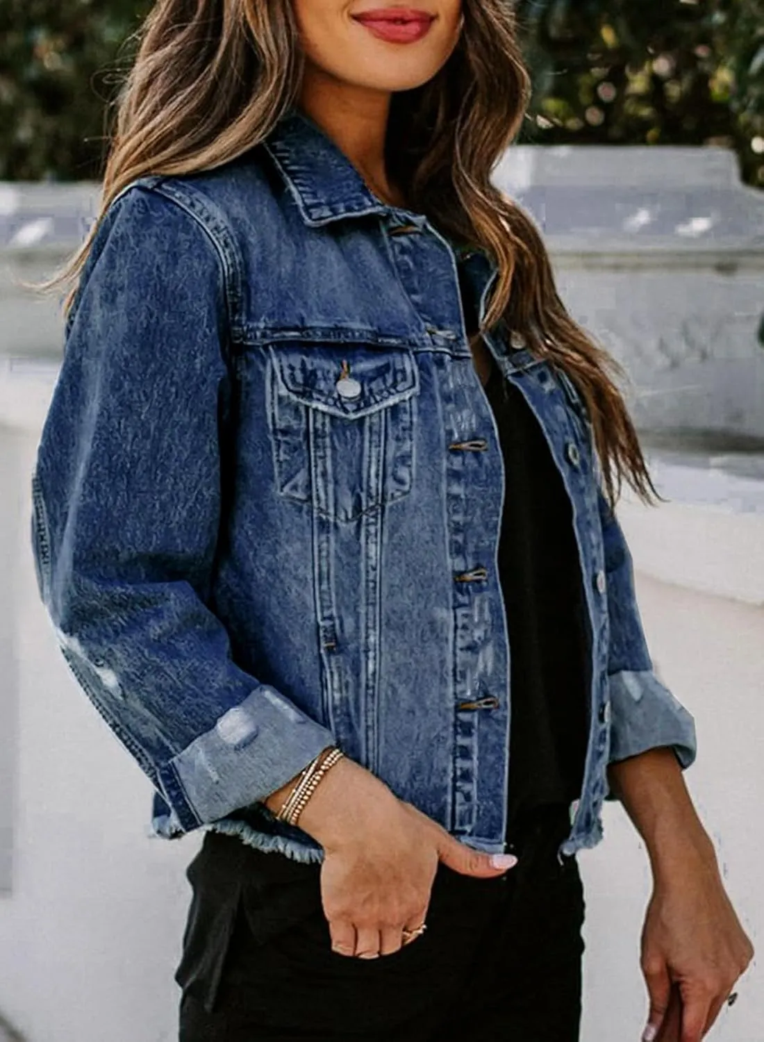 Sidefeel Women's Denim Jacket Long Sleeve Button Distressed Ripped Zimbaplatinum Jean Coat