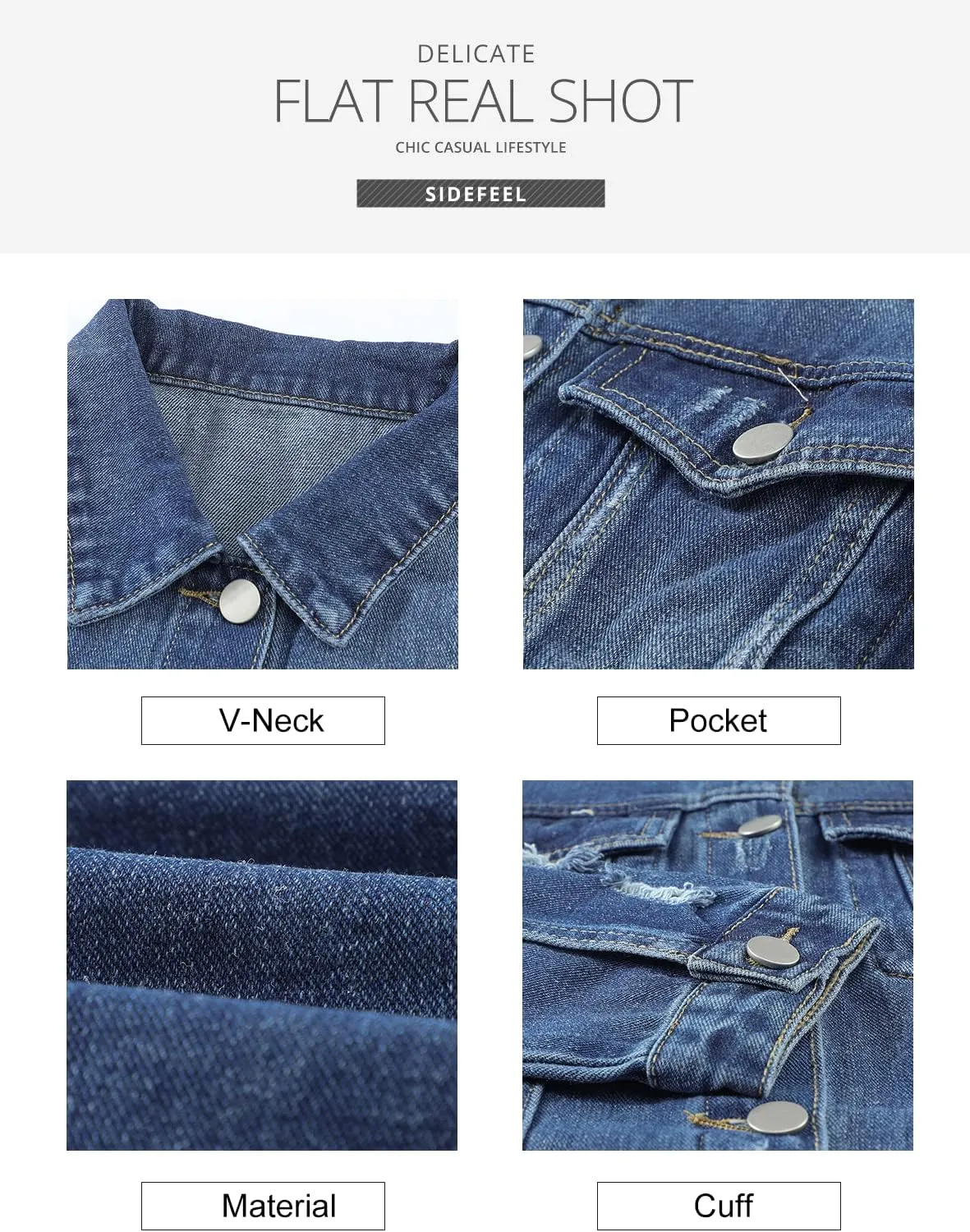 Sidefeel Women's Denim Jacket Long Sleeve Button Distressed Ripped Zimbaplatinum Jean Coat