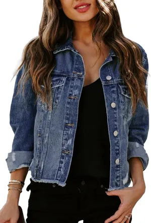 Sidefeel Women's Denim Jacket Long Sleeve Button Distressed Ripped Zimbaplatinum Jean Coat