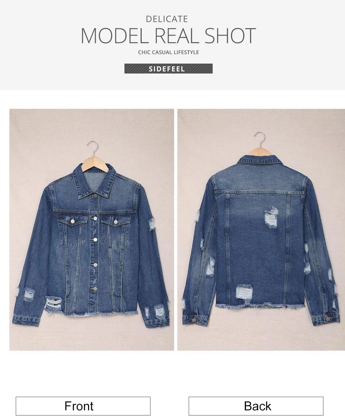 Sidefeel Women's Denim Jacket Long Sleeve Button Distressed Ripped Zimbaplatinum Jean Coat