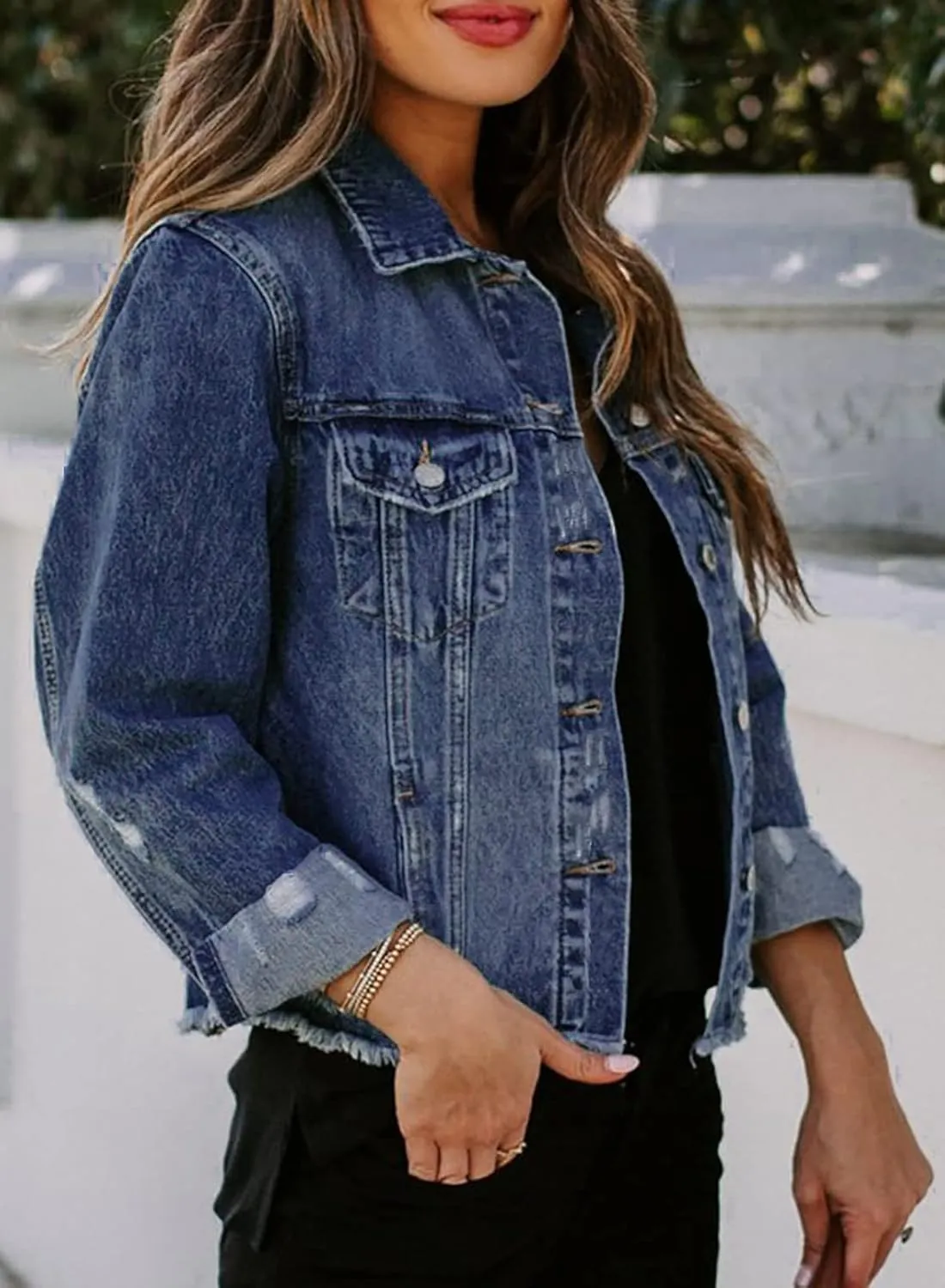 Sidefeel Women's Denim Jacket Long Sleeve Button Distressed Ripped Zimbaplatinum Jean Coat