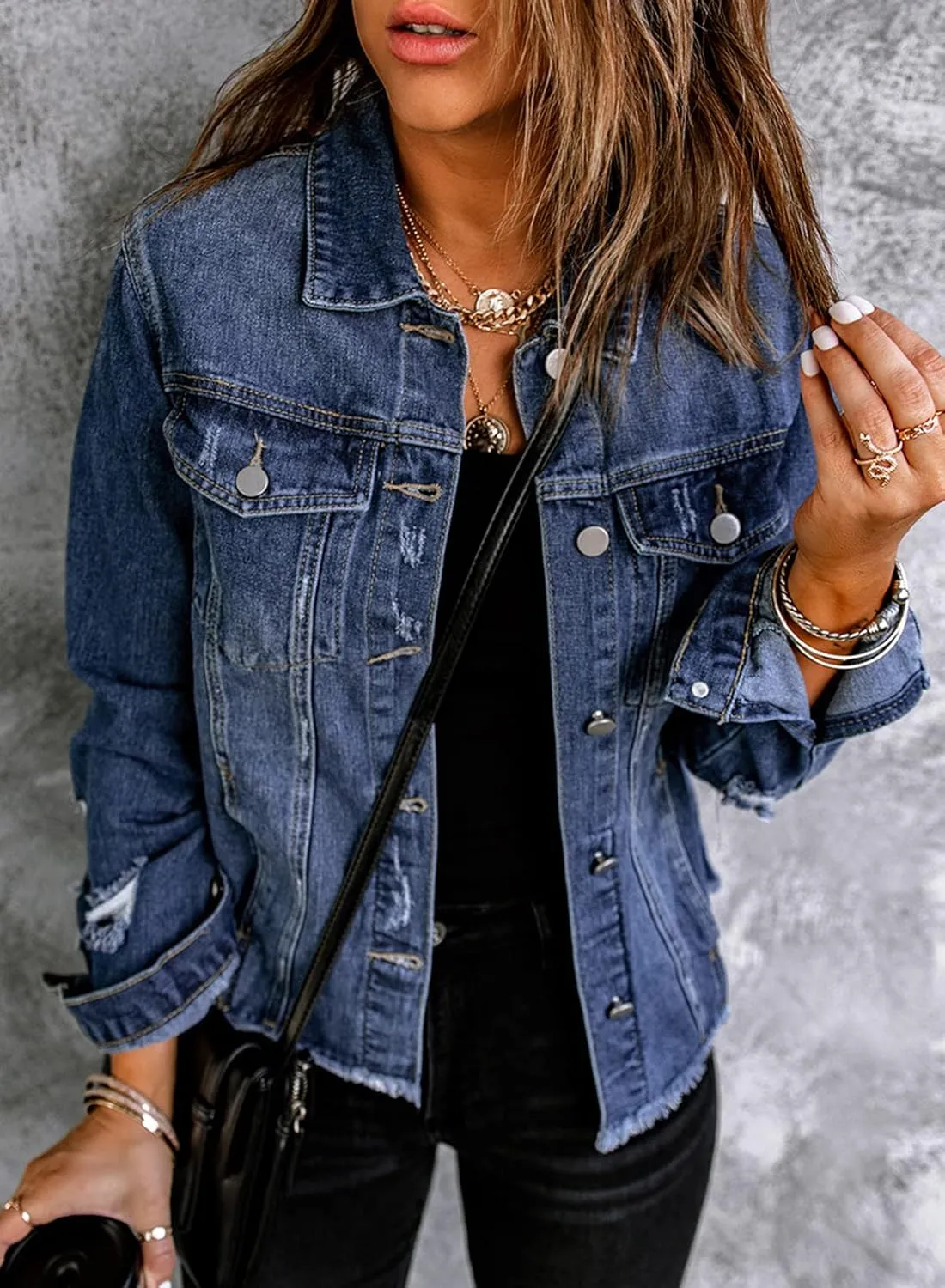Sidefeel Women's Denim Jacket Long Sleeve Button Distressed Ripped Zimbaplatinum Jean Coat